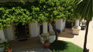 A courtyard with a cobblestone pathway, potted plants, and a palm tree. - Spacious 4 bedroom villa in quiet location with sea views  (Almancil)
