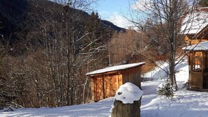 A wooden cabin with a snow-covered roof, surrounded by snow-covered trees and a mountain in the background. - Holiday home in a quiet location in the beautiful Carinthian Alps (Eissentratten)