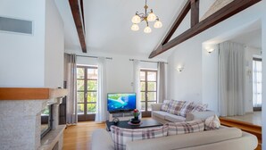 Una sala de estar con chimenea, televisor, sofá y una mesa de comedor.