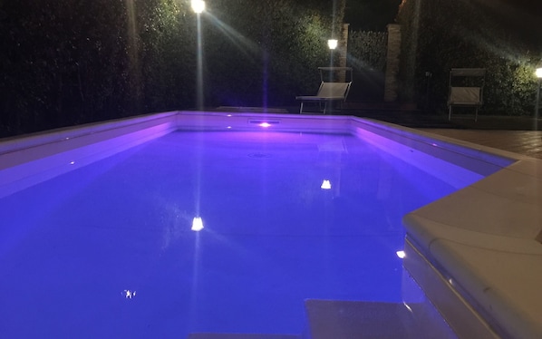 Seasonal outdoor pool, pool loungers