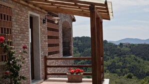 Een balkon met een houten pergola, bakstenen muren en een pot met rode bloemen.
