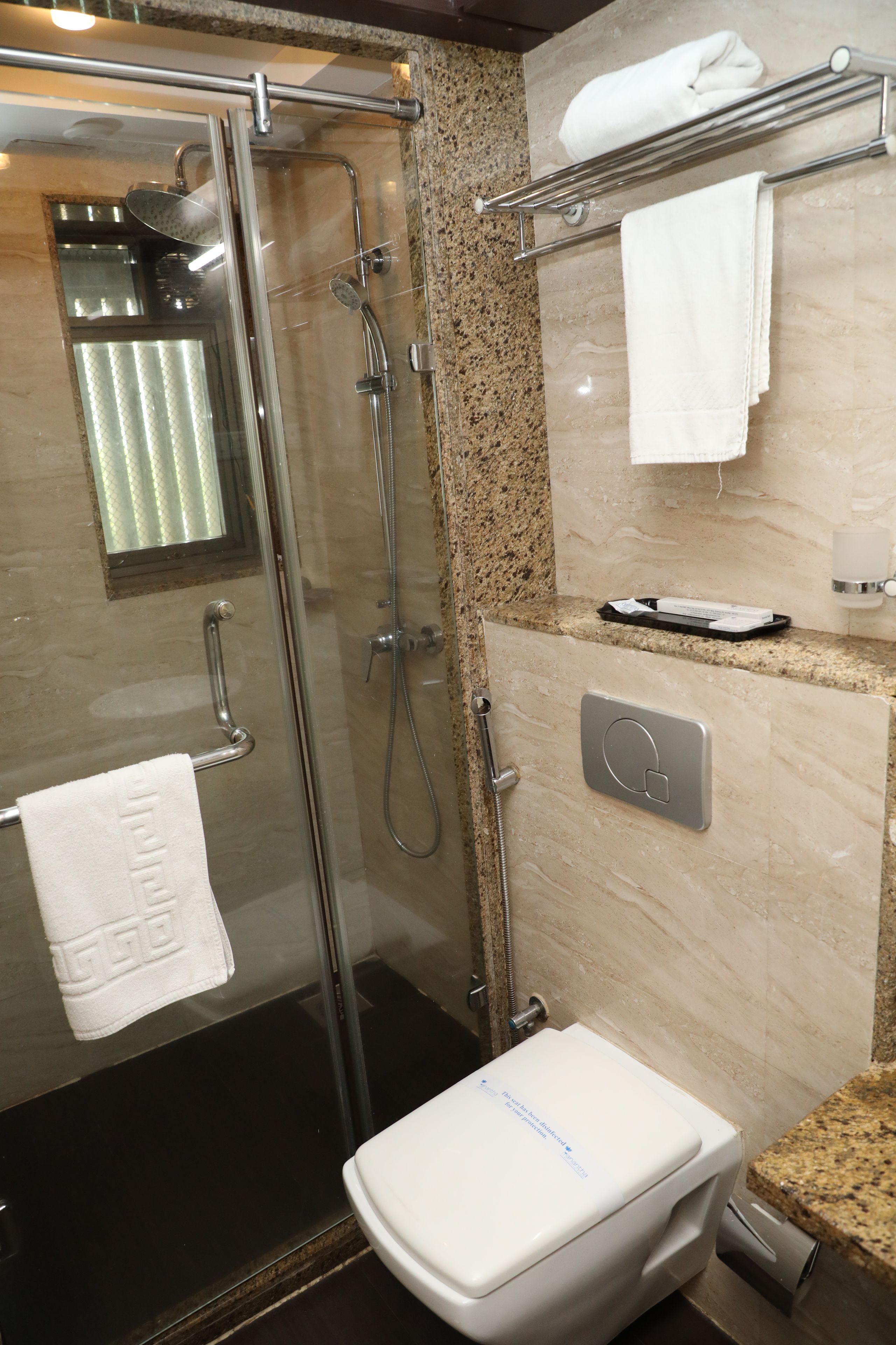 A modern bathroom with a glass-enclosed shower, a toilet, and a towel rack.