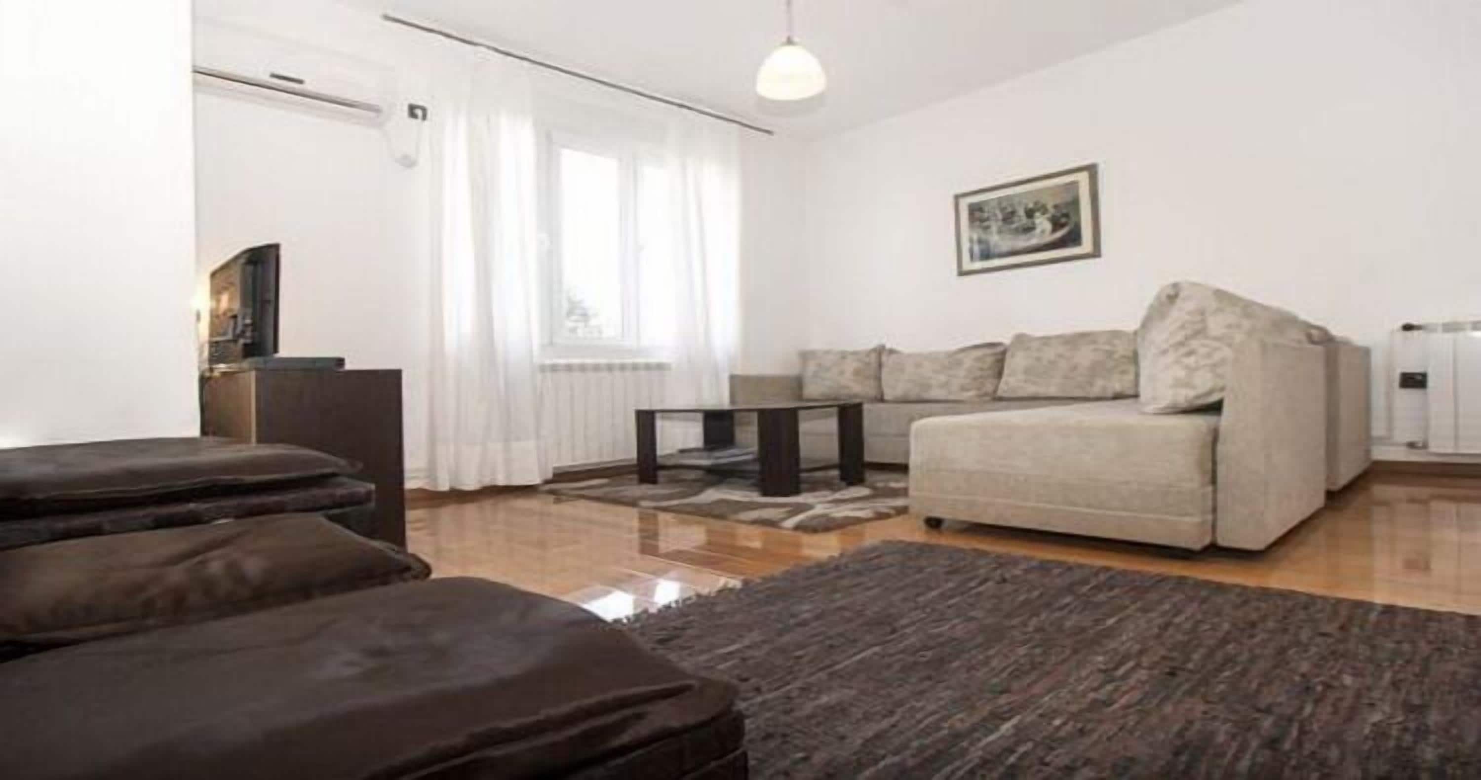 A living room with a sofa, a coffee table, and a rug. There is a window with curtains, a picture on the wall, and a radiator.