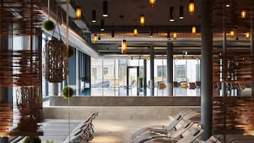Indoor pool, outdoor pool, sun loungers