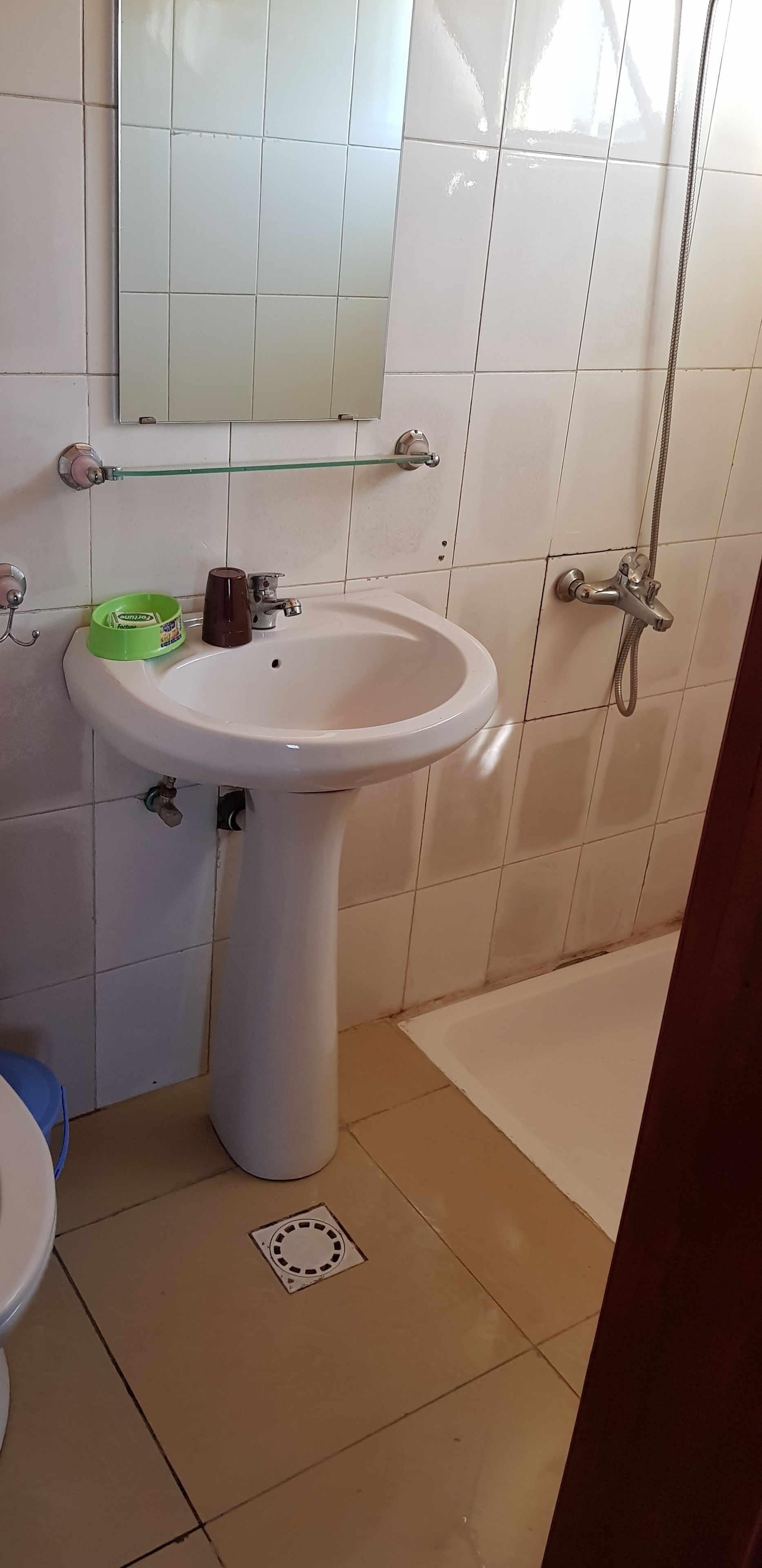 Un baño con un lavamanos blanco, un recipiente verde, un espejo y una ducha.