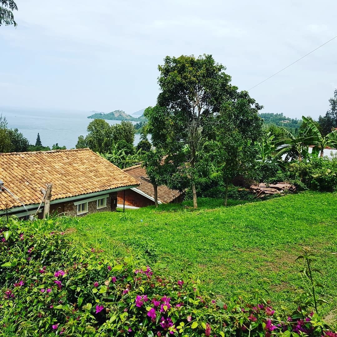 A house with a tiled roof, surrounded by lush greenery and a view of the sea.