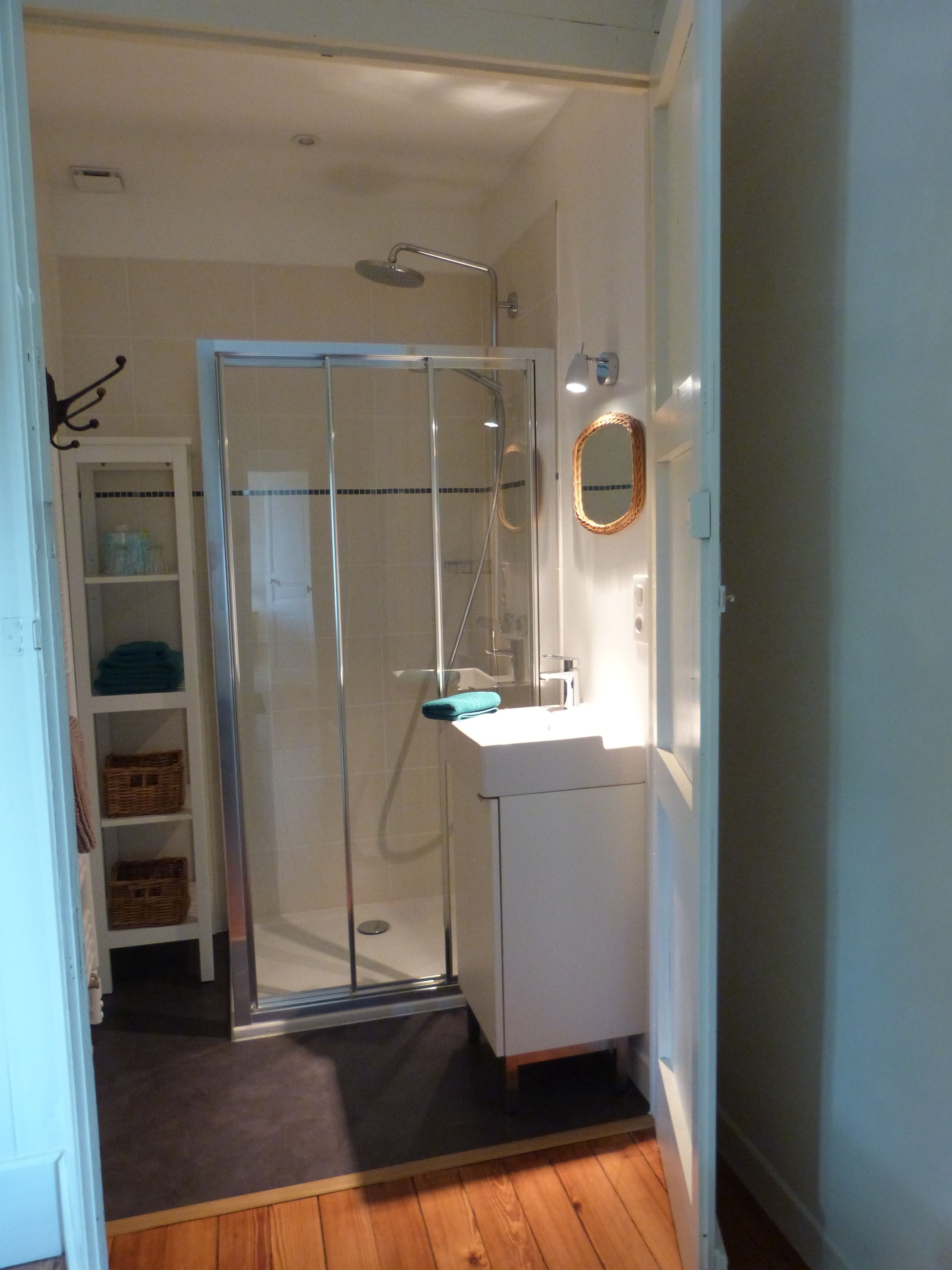 A bathroom with a glass shower enclosure, a white sink, and a mirror.
