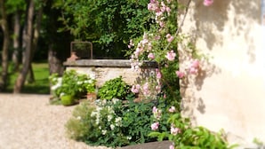 Un jardin avec un mur recouvert de fleurs roses, entouré d’arbustes et d’arbres verdoyants.