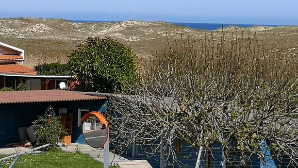 Una casa con vista al mar, un árbol en primer plano y un cielo despejado.