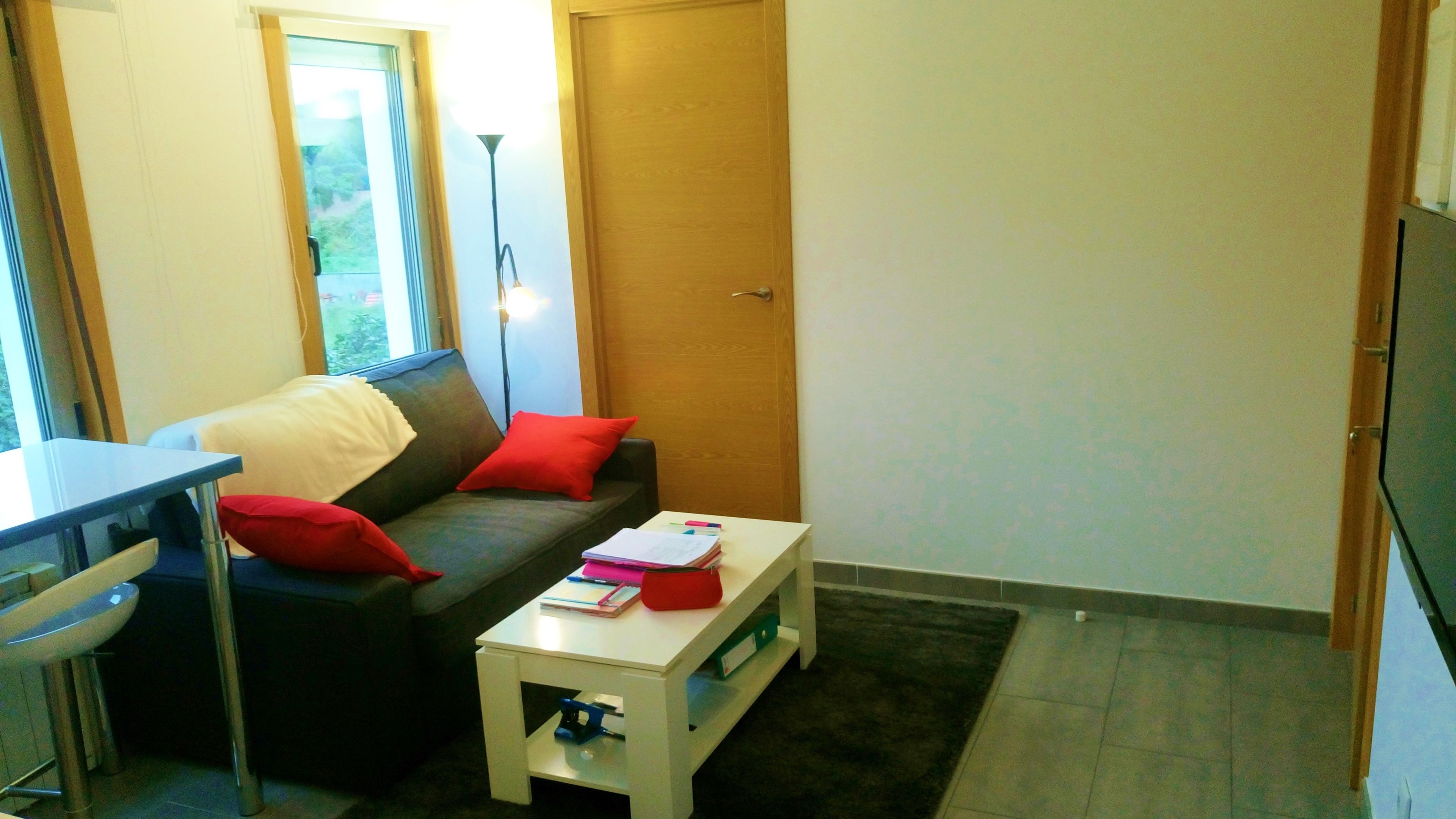 A small, compact living space with a sofa, a coffee table, a desk, and a door.
