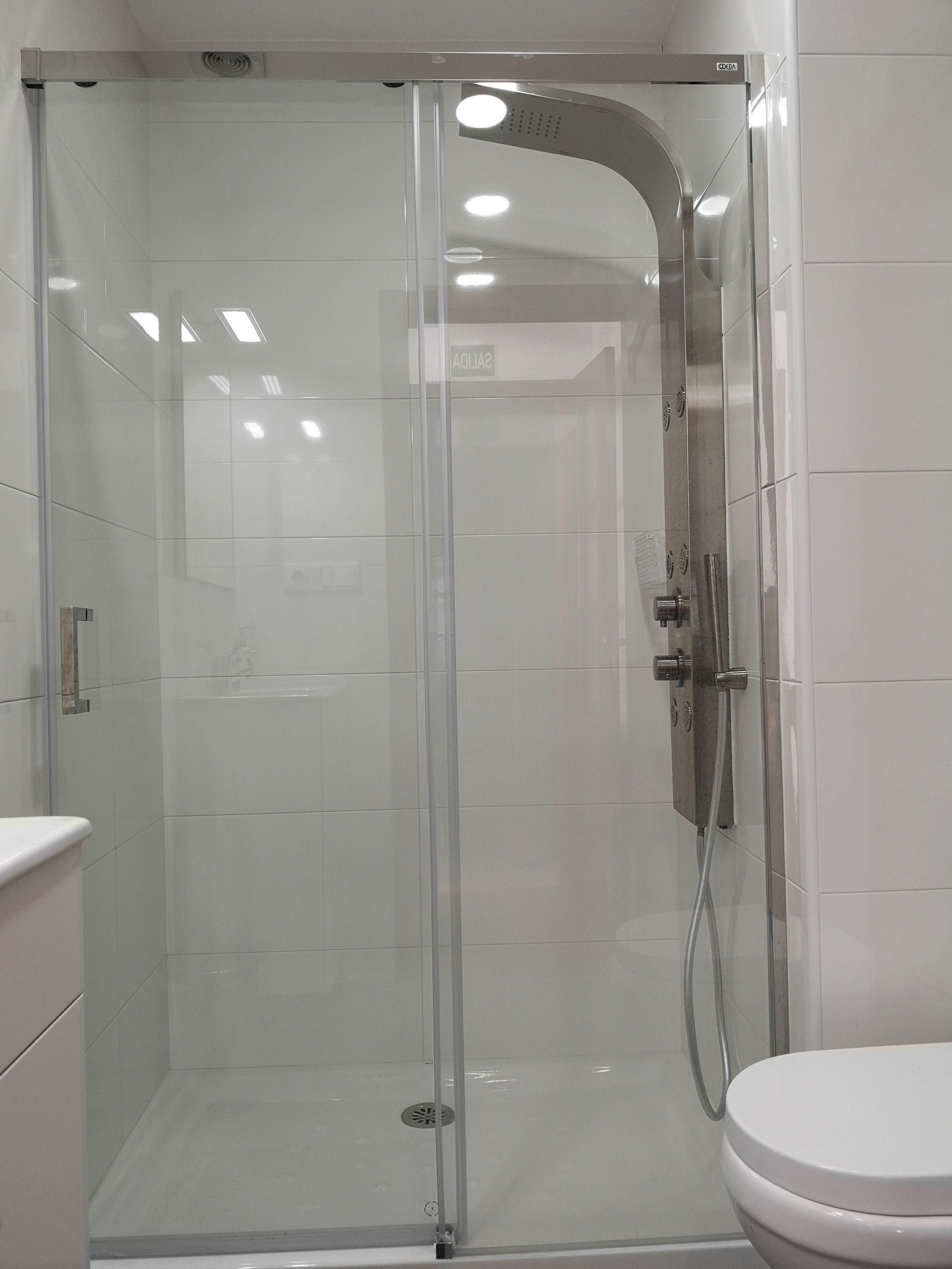 A glass-enclosed shower stall with a white toilet visible to the right.