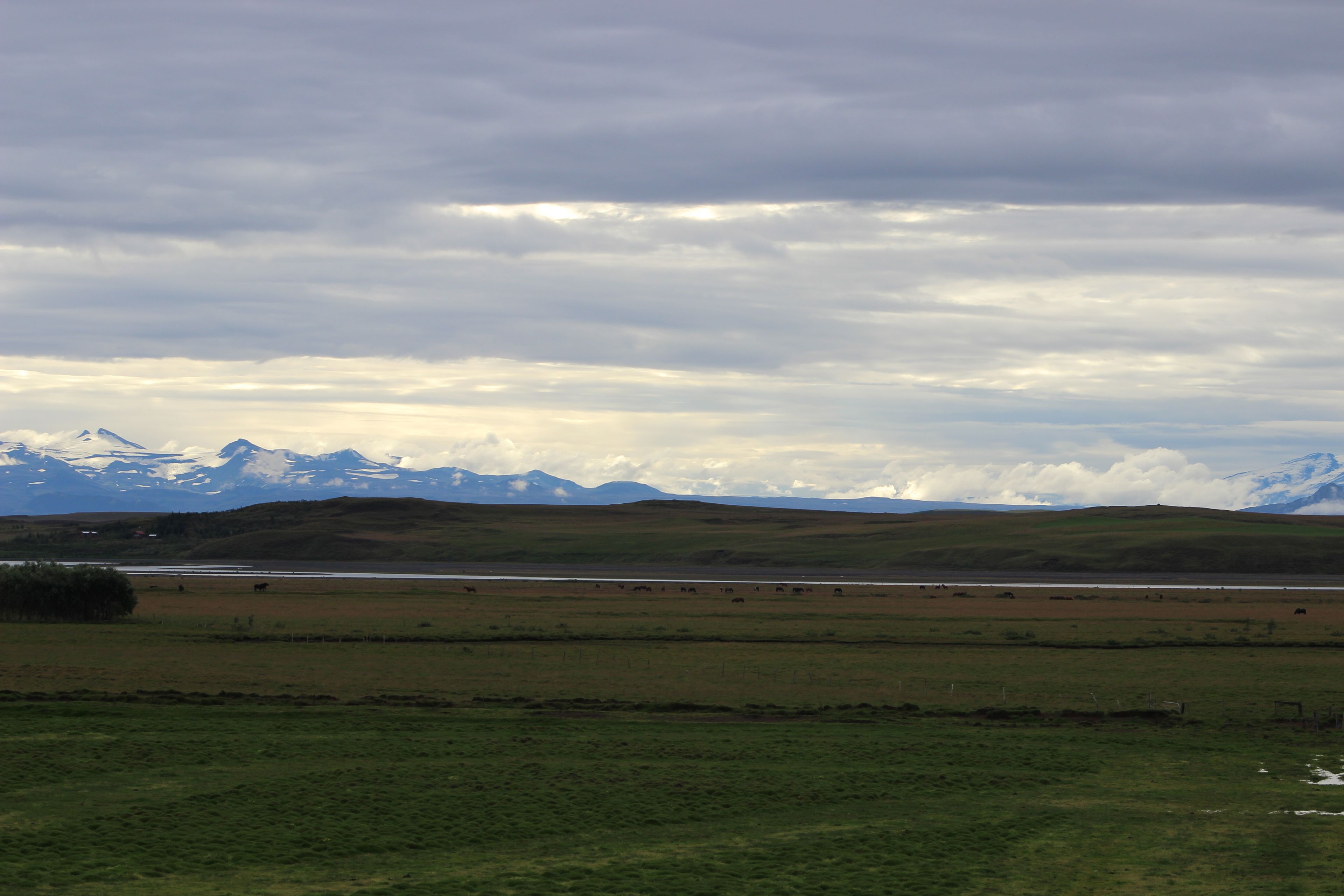 A wide landscape with a flat grassy field, a body of water, and distant snow-capped mountains under a cloudy sky.