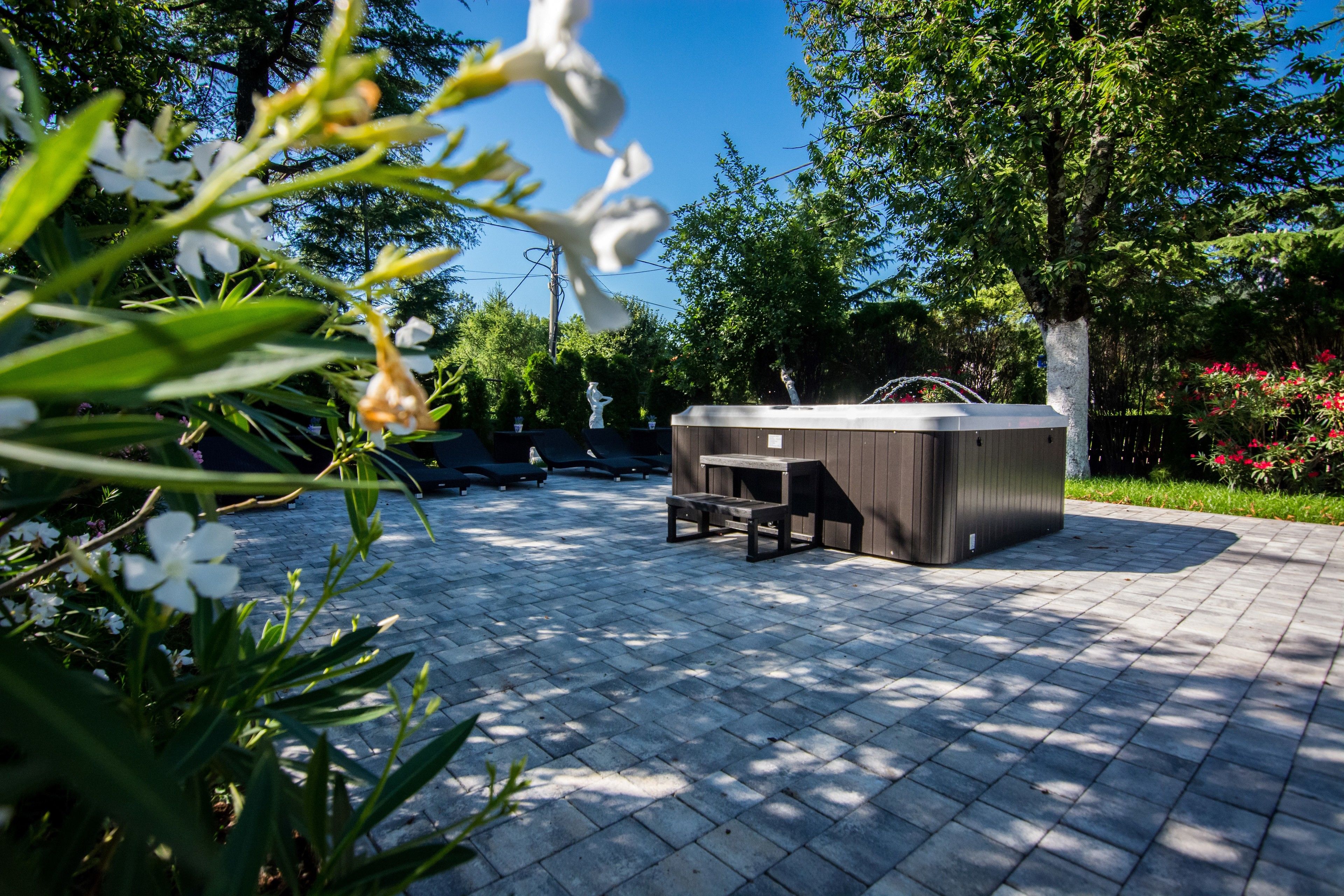 A hot tub in a garden area with a paved walkway, surrounded by greenery and trees.