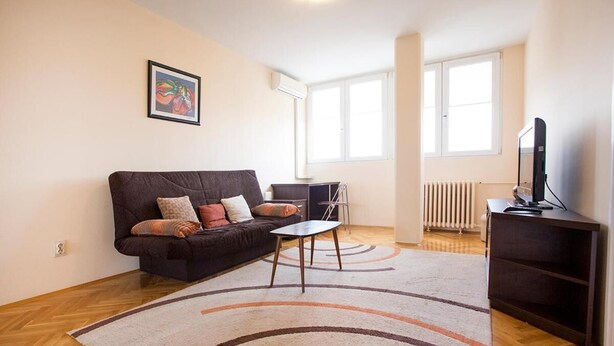 A living room with a dark-colored sofa, a small table, a television, and a radiator. - Apartment Loti (Belgrade)