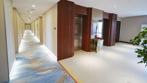 Um corredor comprido e estreito com piso estampado, um elevador central e uma planta à direita.