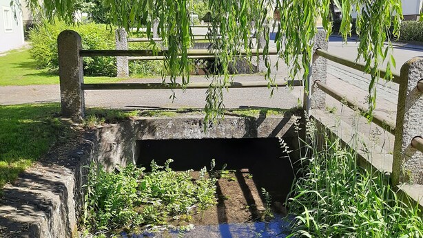 A stone bridge over a narrow water channel, surrounded by lush greenery and a wooden fence.