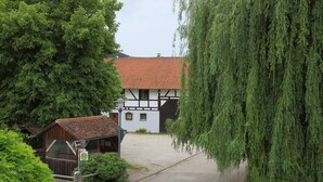 A traditional building with a tiled roof, surrounded by lush greenery and a weeping willow tree.