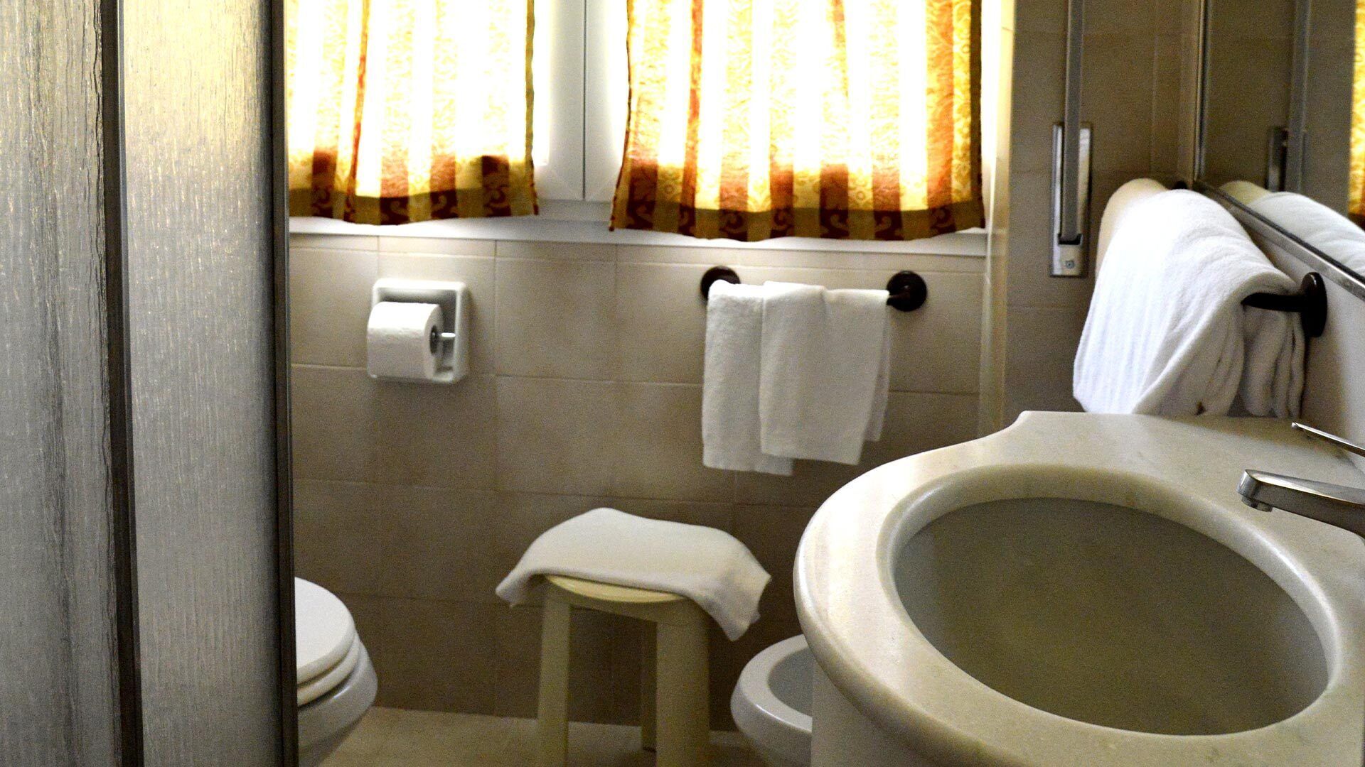 A bathroom with a toilet, a sink, and a window with curtains.