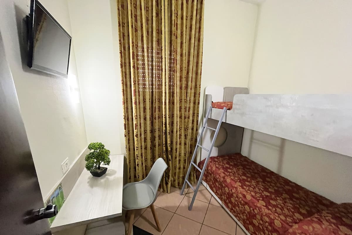 Une petite chambre comprenant un lit superposé, un bureau avec une chaise, une petite plante en pot et un téléviseur fixé au mur.