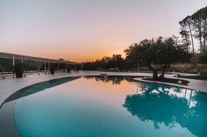 Una piscina de borde curvo, rodeada por una zona pavimentada con bancos y un paseo techado.