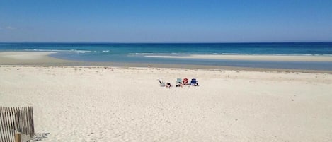 Vlak bij het strand, ligstoelen aan het strand, strandlakens