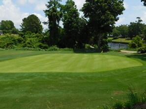 Un parcours de golf avec un gazon bien entretenu, un mât de drapeau et un étang en arrière-plan.