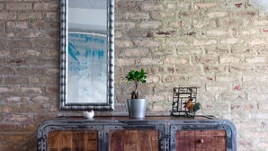 A rustic brick wall with a mirror, a potted plant, and a vintage cabinet. - Ares Aparthotel (Cluj-Napoca)