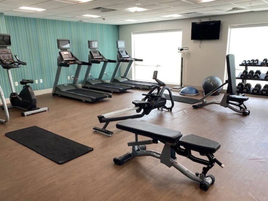 A gym with treadmills, elliptical machines, a bench press, and dumbbells.