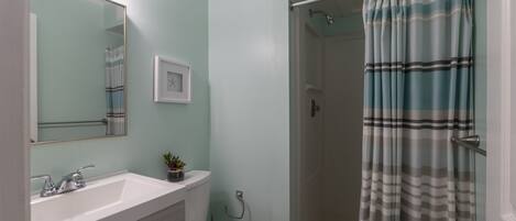 Une salle de bain équipée d’une douche, de toilettes, d’un lavabo et d’un miroir.