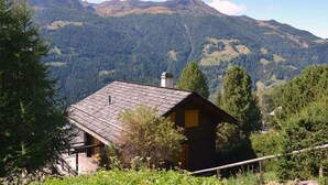 Une cabane rustique, dotée d’un toit en pente, entourée d’une forêt dense et avec des montagnes en arrière-plan.