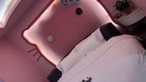 A pink-themed room with a bed, a Hello Kitty decoration, and a small plant on a side table. - Mengpei Business Hotel (Shaoxing)
