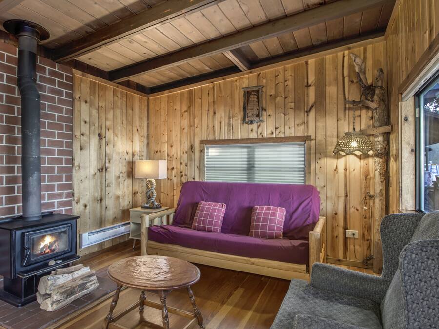 Une pièce chaleureuse avec une cheminée en briques, des murs en bois, un canapé violet et un fauteuil gris.
