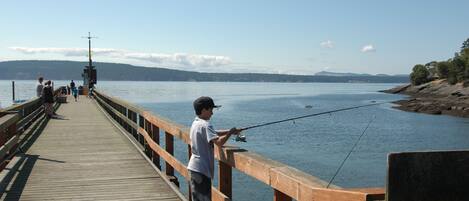 A wooden pier extending into calm water with a person fishing.