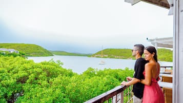 A couple standing on a balcony overlooking a lake with greenery and hills in the background.