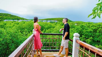 Una pareja parada sobre una terraza de madera con vistas a exuberante vegetación y casas al fondo.