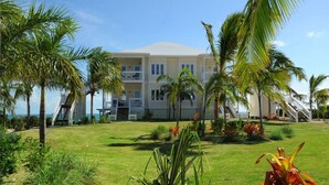 Un hôtel à plusieurs étages, doté d’un toit plat, entouré de palmiers et d’une pelouse bien entretenue.
