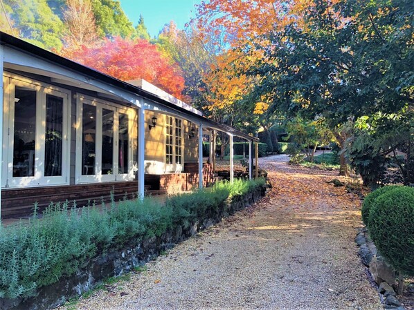 A covered walkway with a gravel path leading to a building with large windows and a wooden deck.
