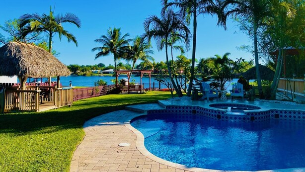 A swimming pool with a curved design, surrounded by palm trees and a thatched-roof structure.