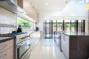 Full-sized fridge, microwave, oven, stovetop