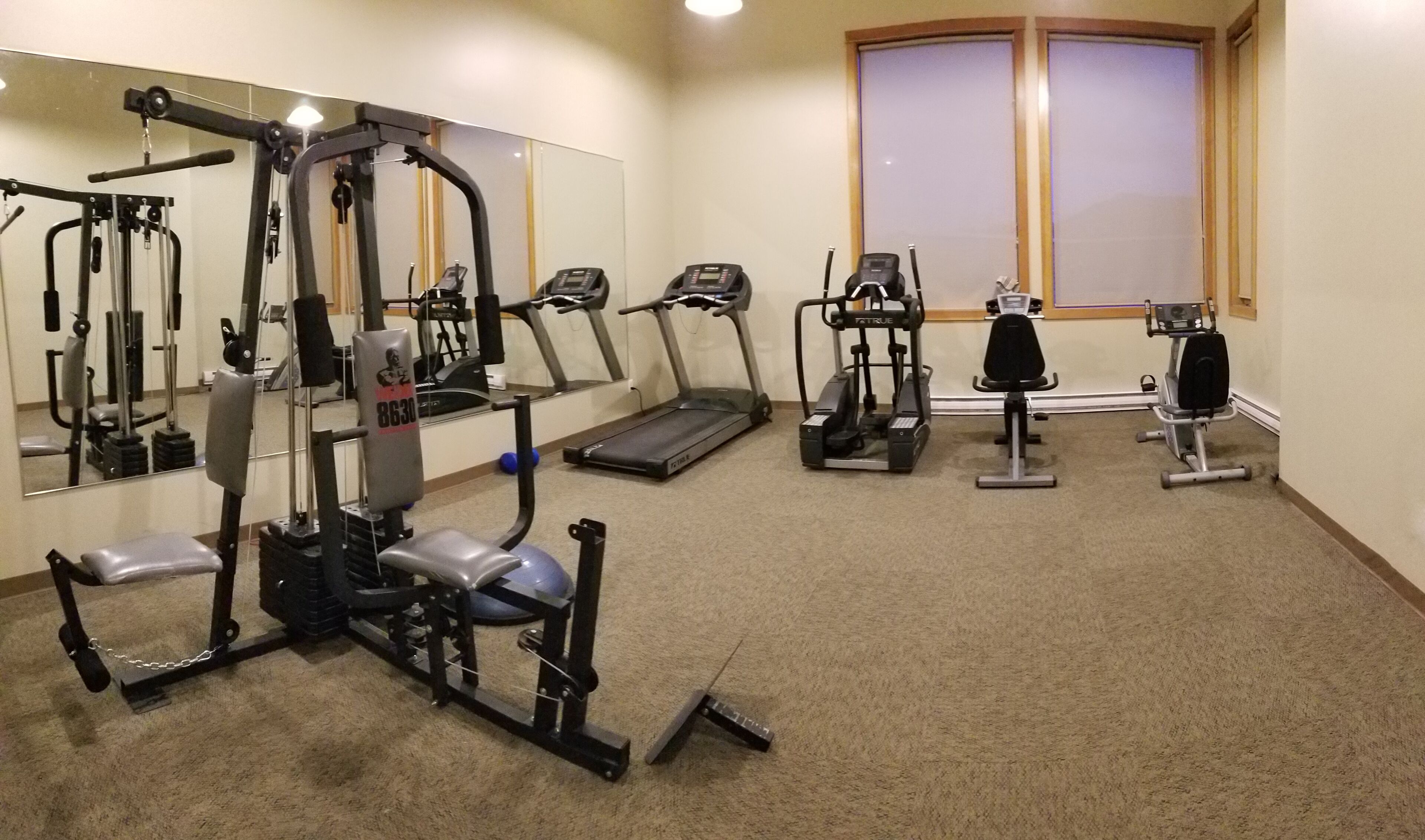 A gym with cardio machines, weight training equipment, and a mirror.