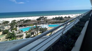 Vista sulla spiaggia con piscina e palme.