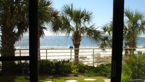 A view from a window overlooking a beach with palm trees and a paved walkway. - Gulf Front Condo with Stunning Views! (Pensacola)
