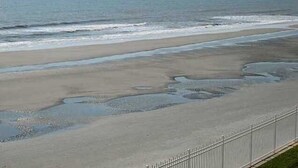 A beach with a metal fence along the shoreline.