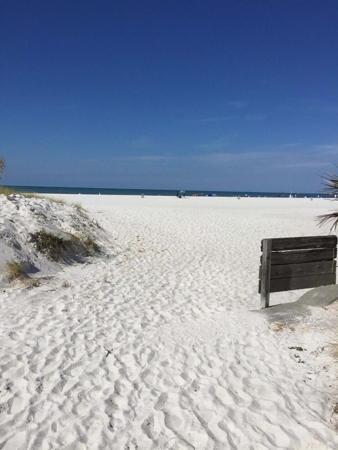 Un sentier de sable qui longe la plage et mène à l’océan, avec un banc en bois sur la droite.