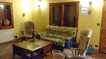 Una televisión, una chimenea, un reproductor de DVD, libros