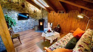 Une pièce chaleureuse avec un mur en pierre, un plafond en bois, un téléviseur à écran plat, une cheminée, un canapé à motifs floraux et une table en bois sur laquelle est posé un livre.