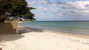 A beach with clear turquoise water, white sand, and a stone wall with a tree on the left.