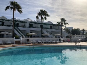 Un espace piscine avec des chaises longues et des parasols, un escalier menant à un bâtiment doté de plusieurs balcons, et des palmiers.
