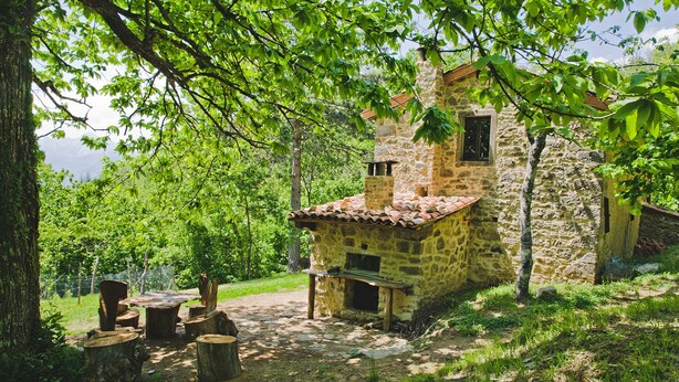Un edificio rústico de piedra con tejado de baldosas, rodeado de exuberante vegetación y árboles.