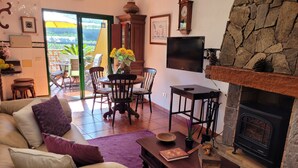 A cozy living room with a fireplace, a dining area with chairs and a table, and a view through a glass door to an outdoor area.